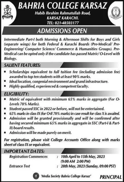 Bahria College Karsaz Admission 2025