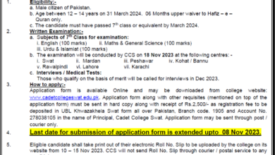 Cadet College Swat 8th Class Admission