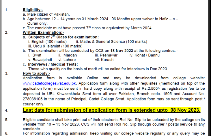 Cadet College Swat 8th Class Admission