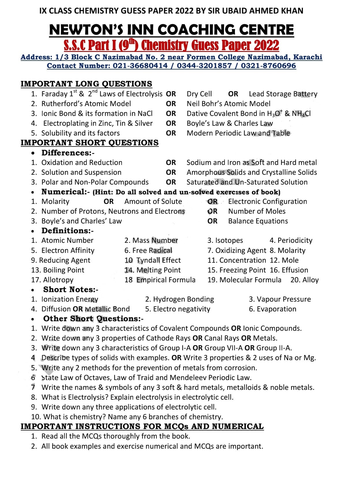 Newton Inn Guess Papers Chemistry 9th Class